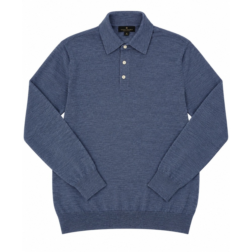 Brooks Brothers Heather Blue Supima Cotton Pique Knit Long Sleeve Polo Sweater